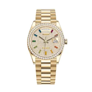 Rolex Day-Date 128348RBR Yellow Gold Diamond Bezel Diamond Paved Dial