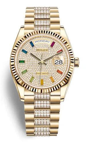 Rolex Day-Date 36 Rainbow Baguette Dial 18kt Yellow Gold Diamond-Set President Watch 128238DSDP