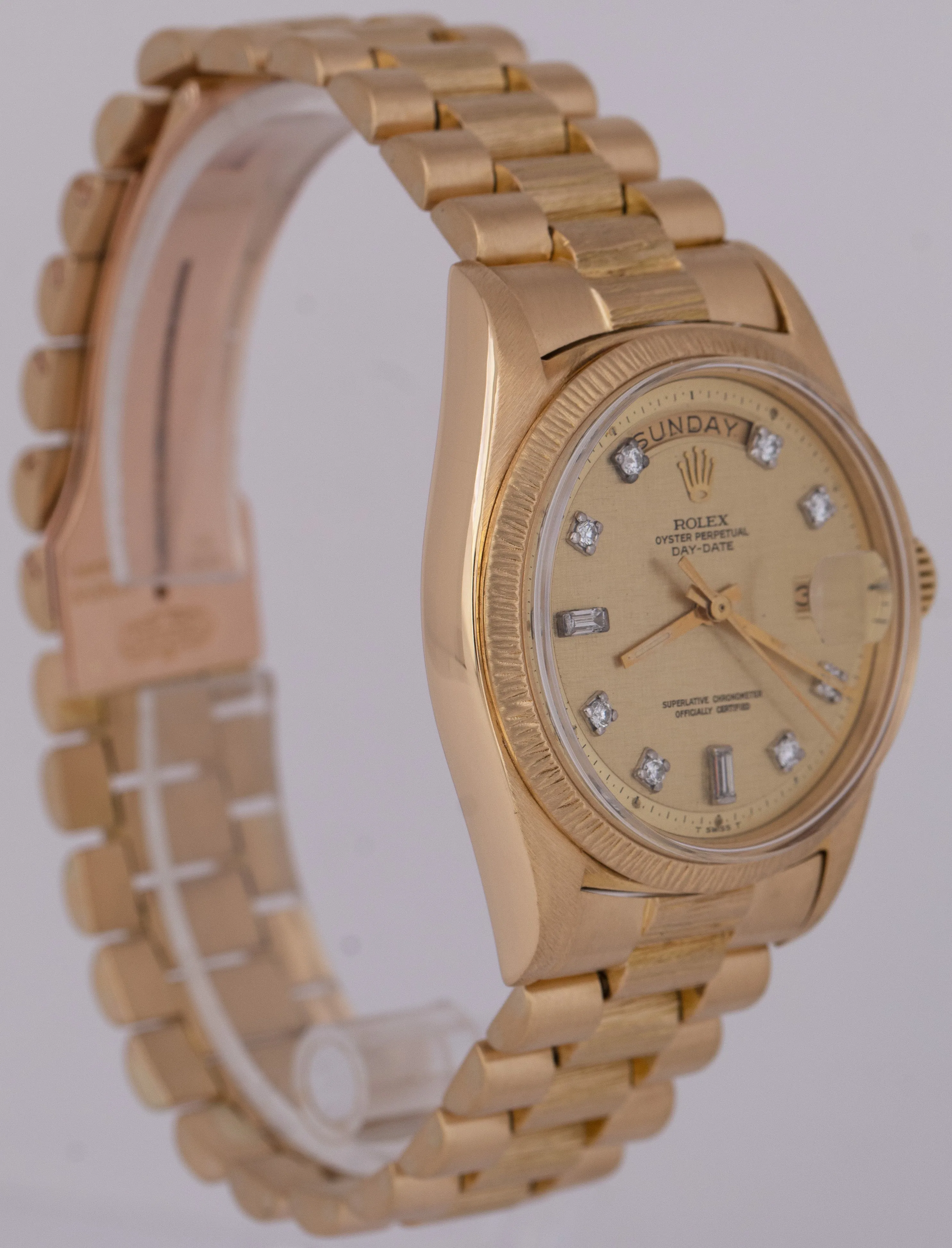 Rolex Day-Date President 36mm Champagne DIAMOND LINEN BARK 18K Yellow Gold 1807
