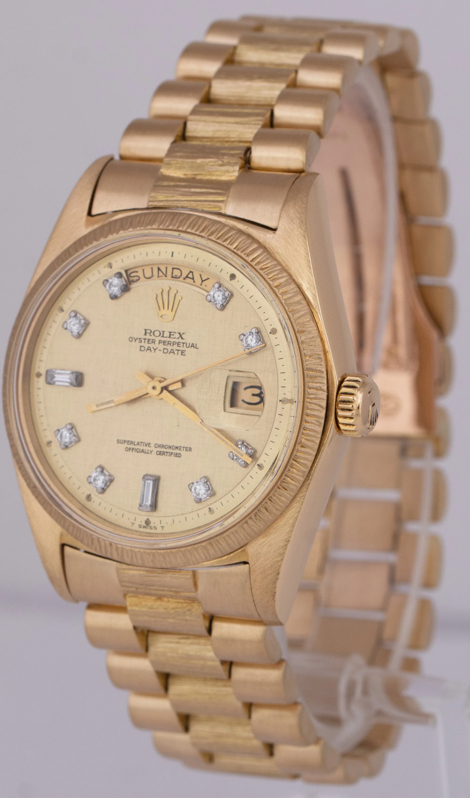 Rolex Day-Date President 36mm Champagne DIAMOND LINEN BARK 18K Yellow Gold 1807