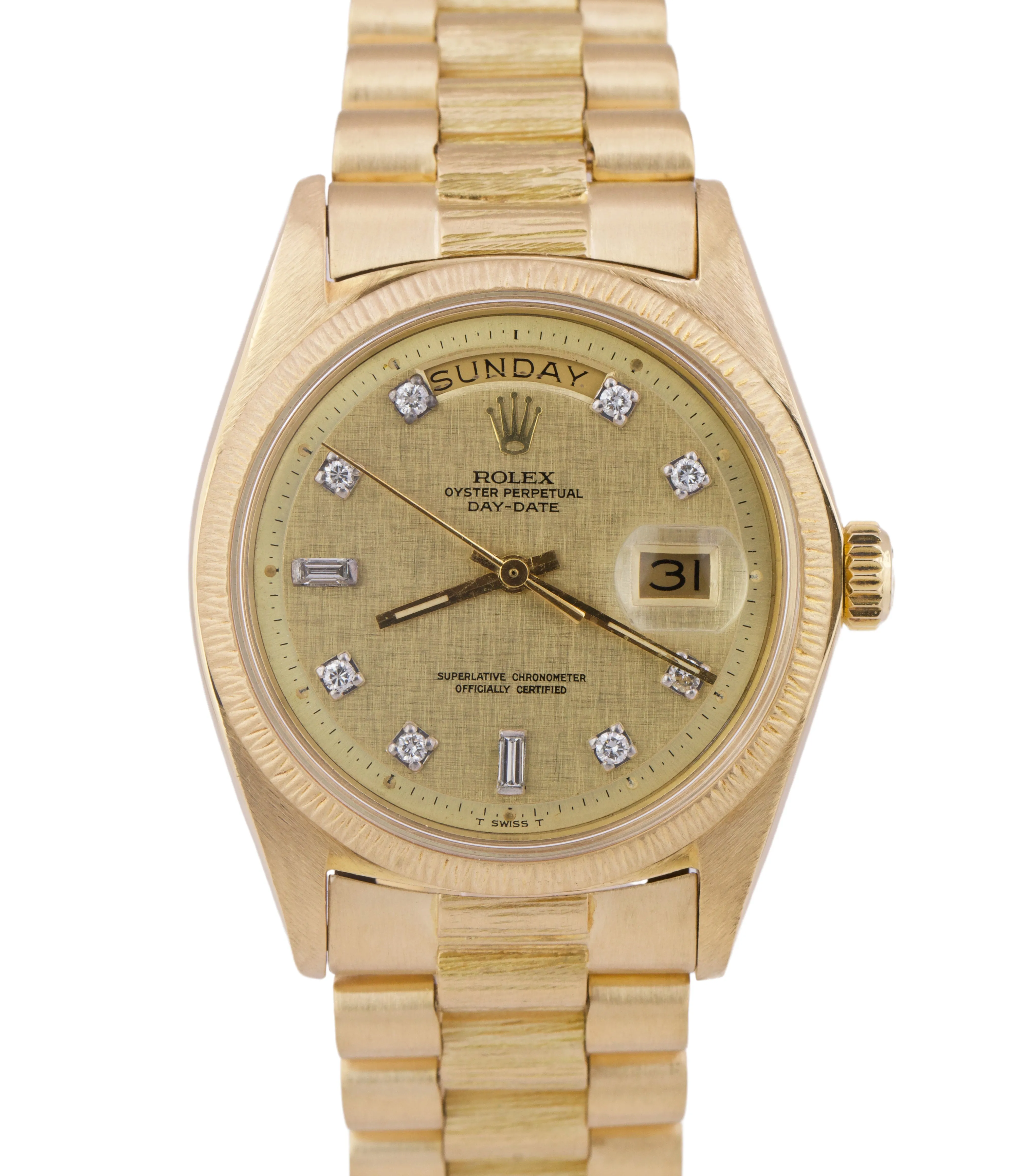 Rolex Day-Date President 36mm Champagne DIAMOND LINEN BARK 18K Yellow Gold 1807