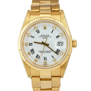 Rolex Oyster Perpetual Date 34mm White Diamond 18K Yellow Gold Watch 15238