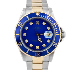 Rolex Submariner Date 18K Yellow Gold DIAMOND Stainless Blue 40mm Watch 16803