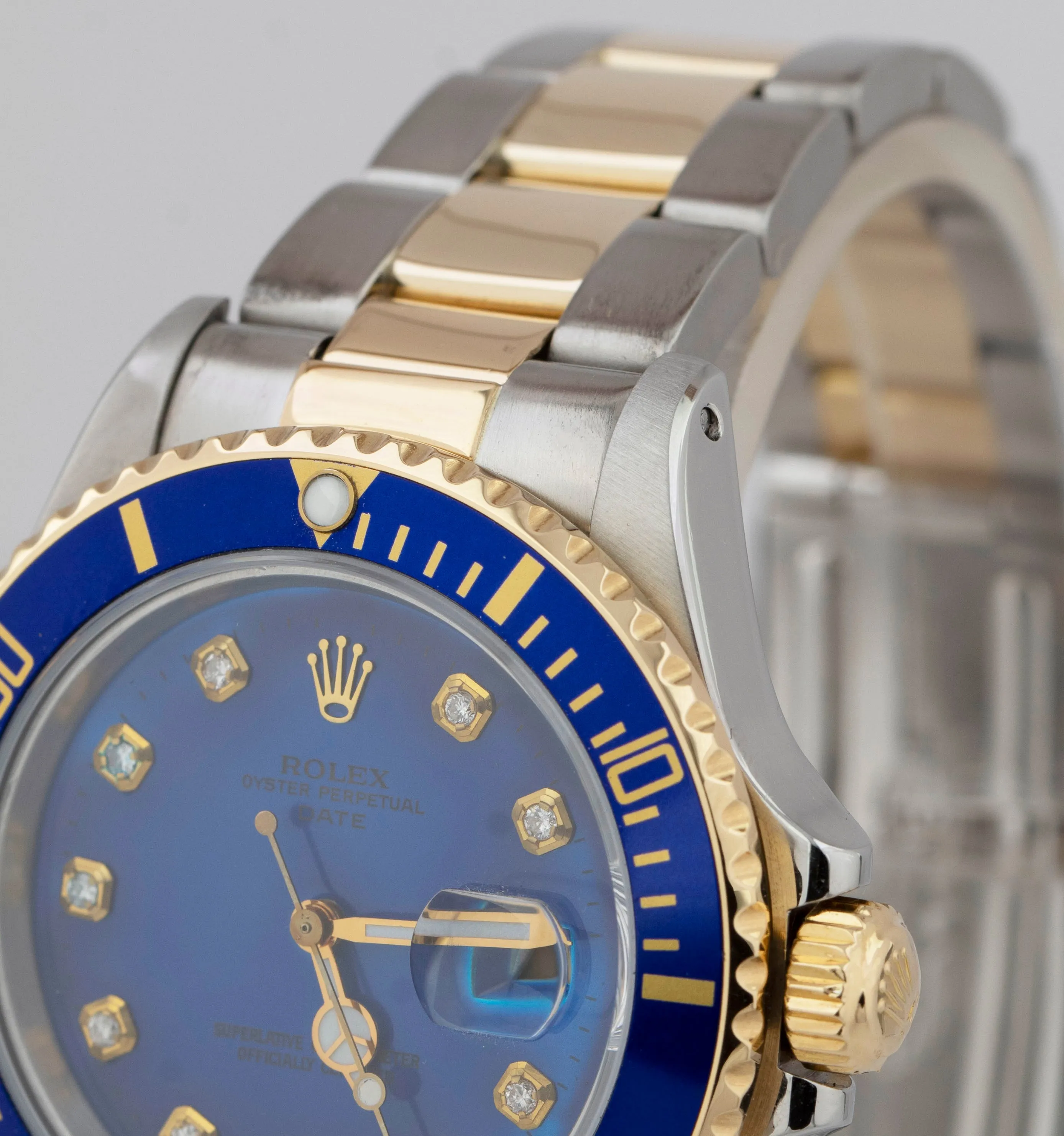 Rolex Submariner Date 18K Yellow Gold DIAMOND Stainless Blue 40mm Watch 16803