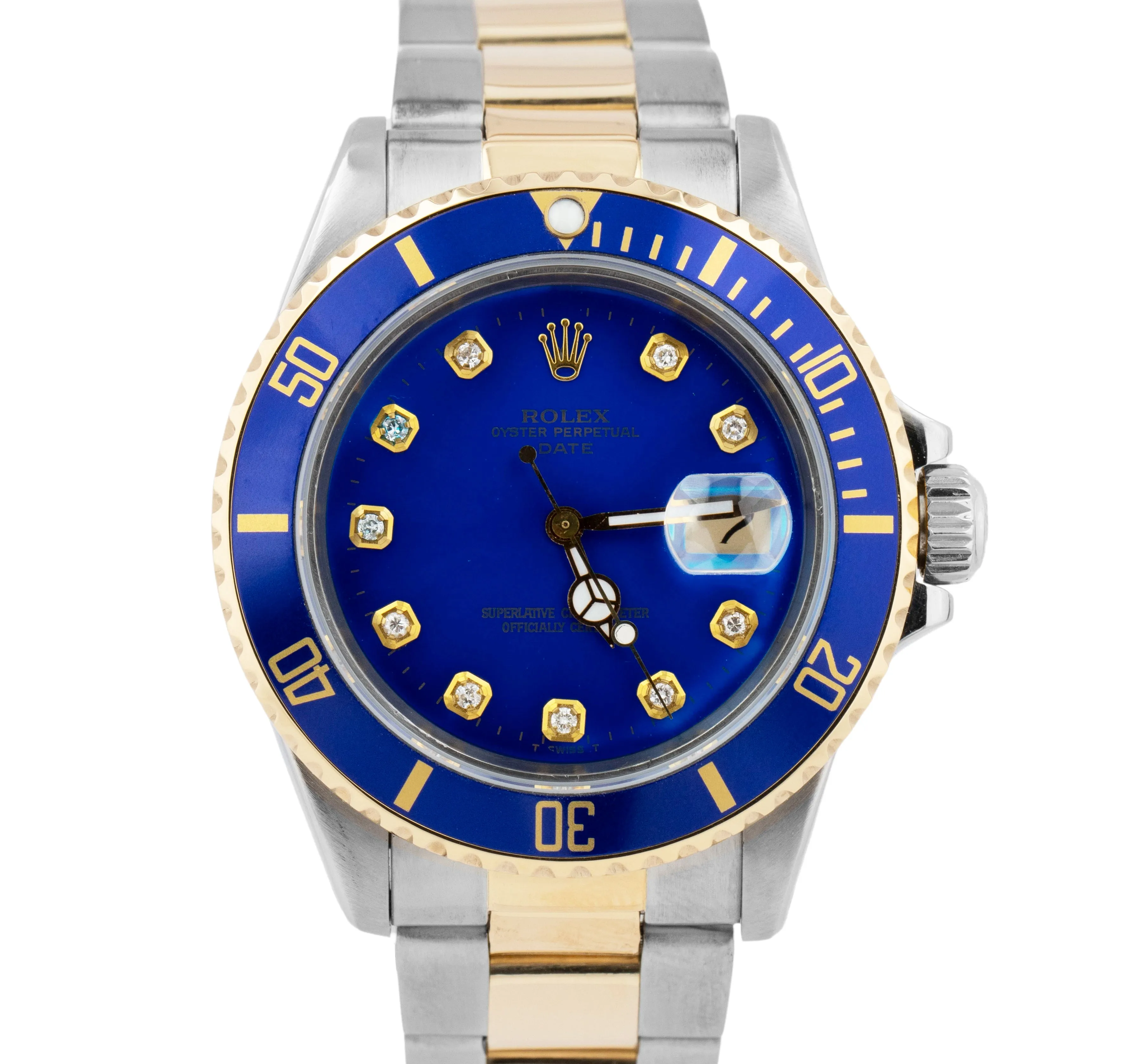Rolex Submariner Date 18K Yellow Gold DIAMOND Stainless Blue 40mm Watch 16803