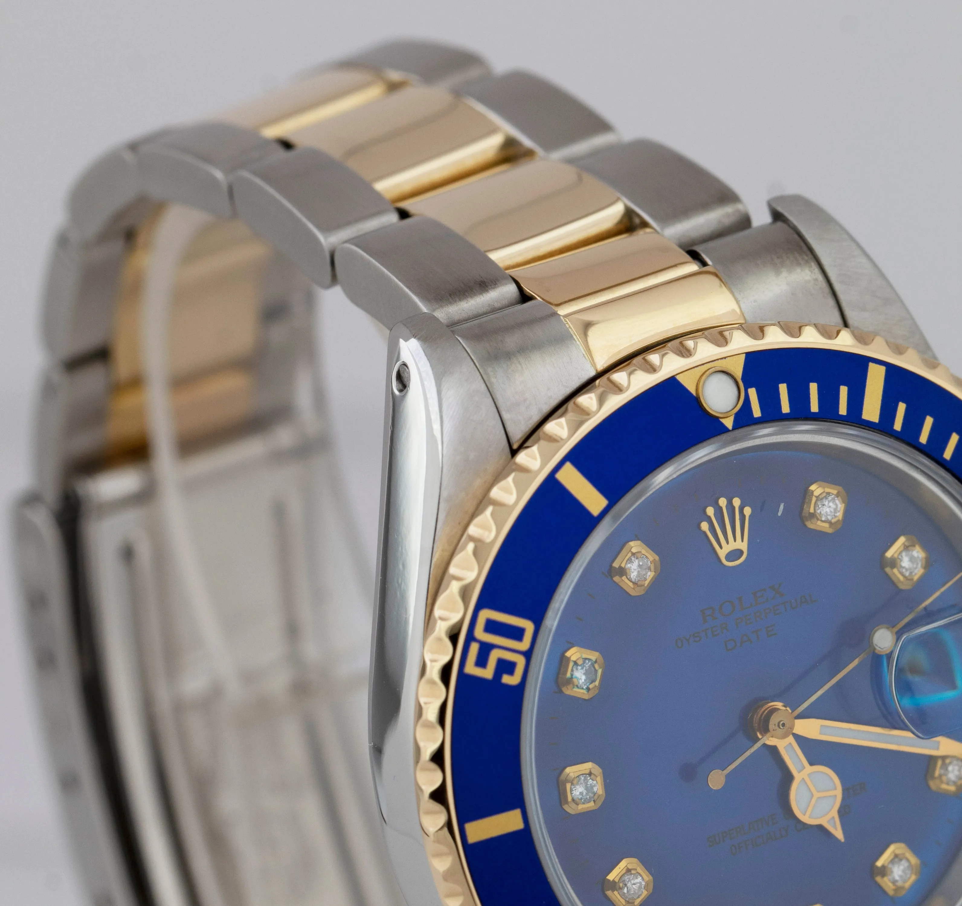 Rolex Submariner Date 18K Yellow Gold DIAMOND Stainless Blue 40mm Watch 16803