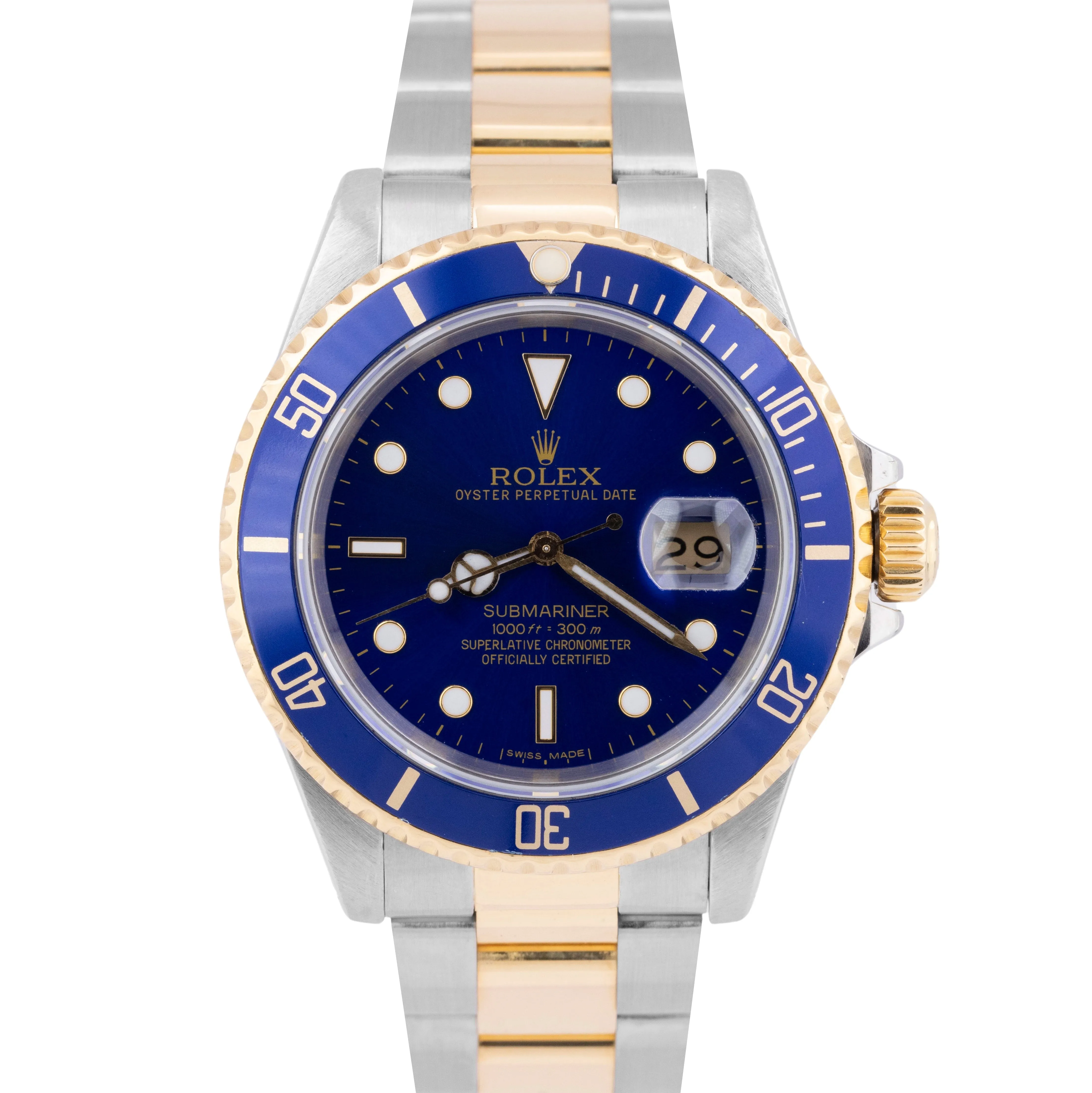 Rolex Submariner Date 40mm Blue Two-Tone 18K Yellow Gold Steel Watch 16613 LB
