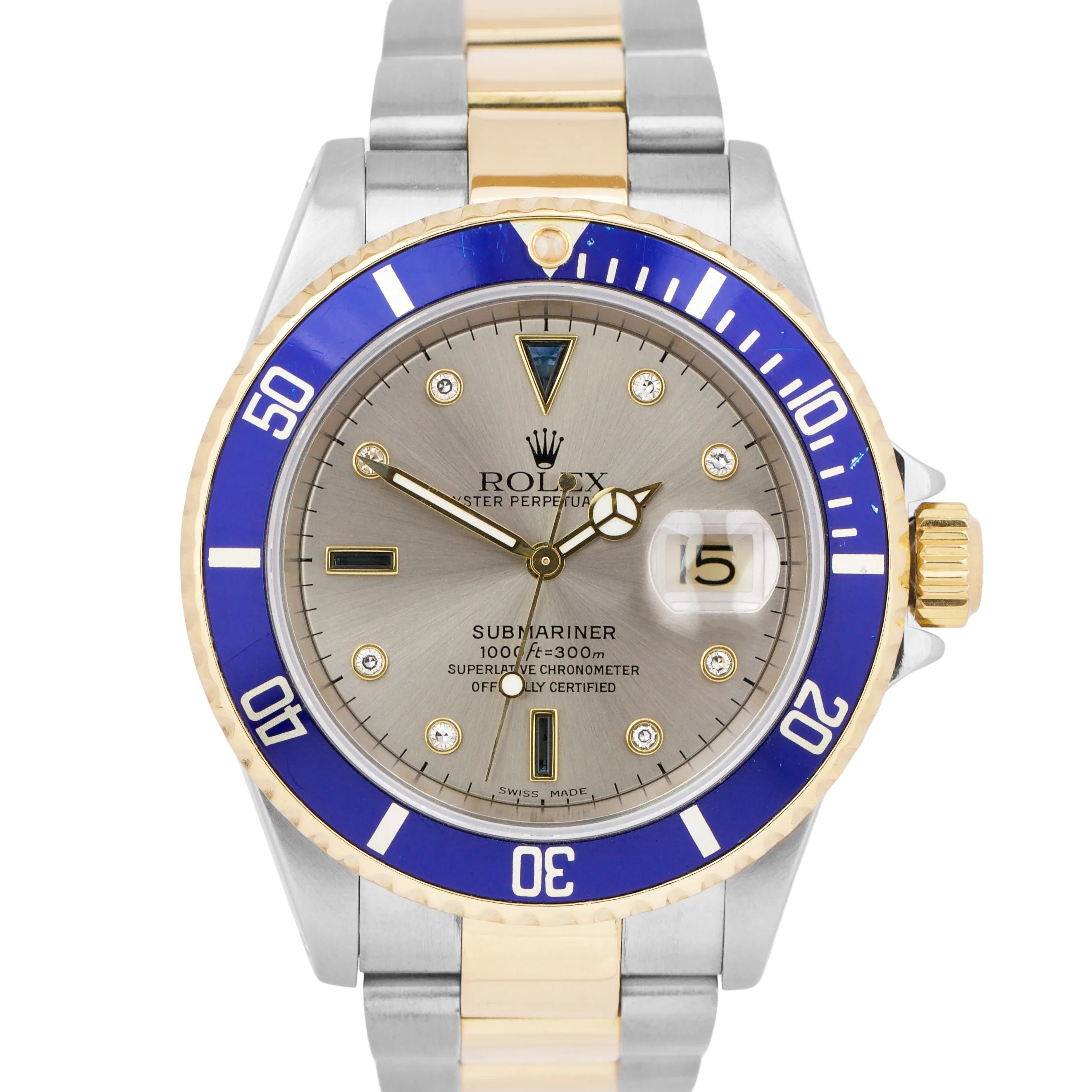 Rolex Submariner SERTI SLATE DIAMOND Blue Two-Tone 18K Gold Steel Watch 16613