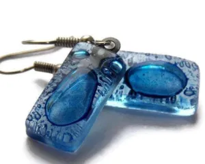Small Blue Earrings. Recycled fused glass Earrings. Drop Earrings