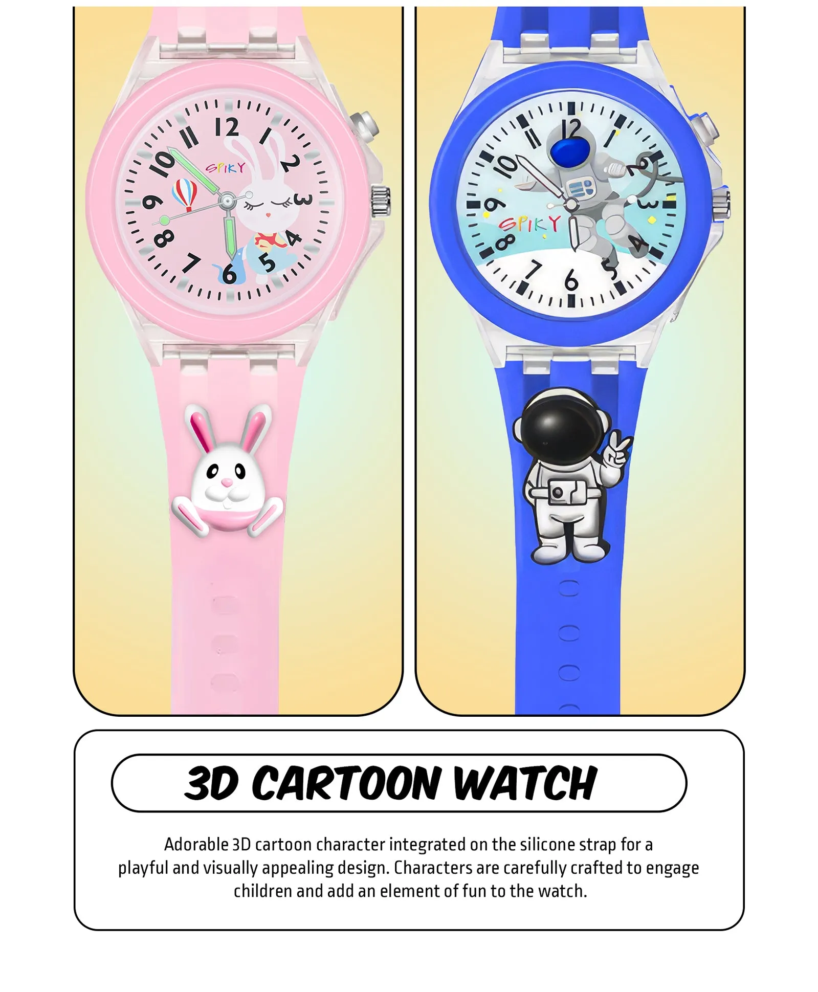 Spiky 3D Astronaut & Rabbit Cartoon Analog Light Watch Combo