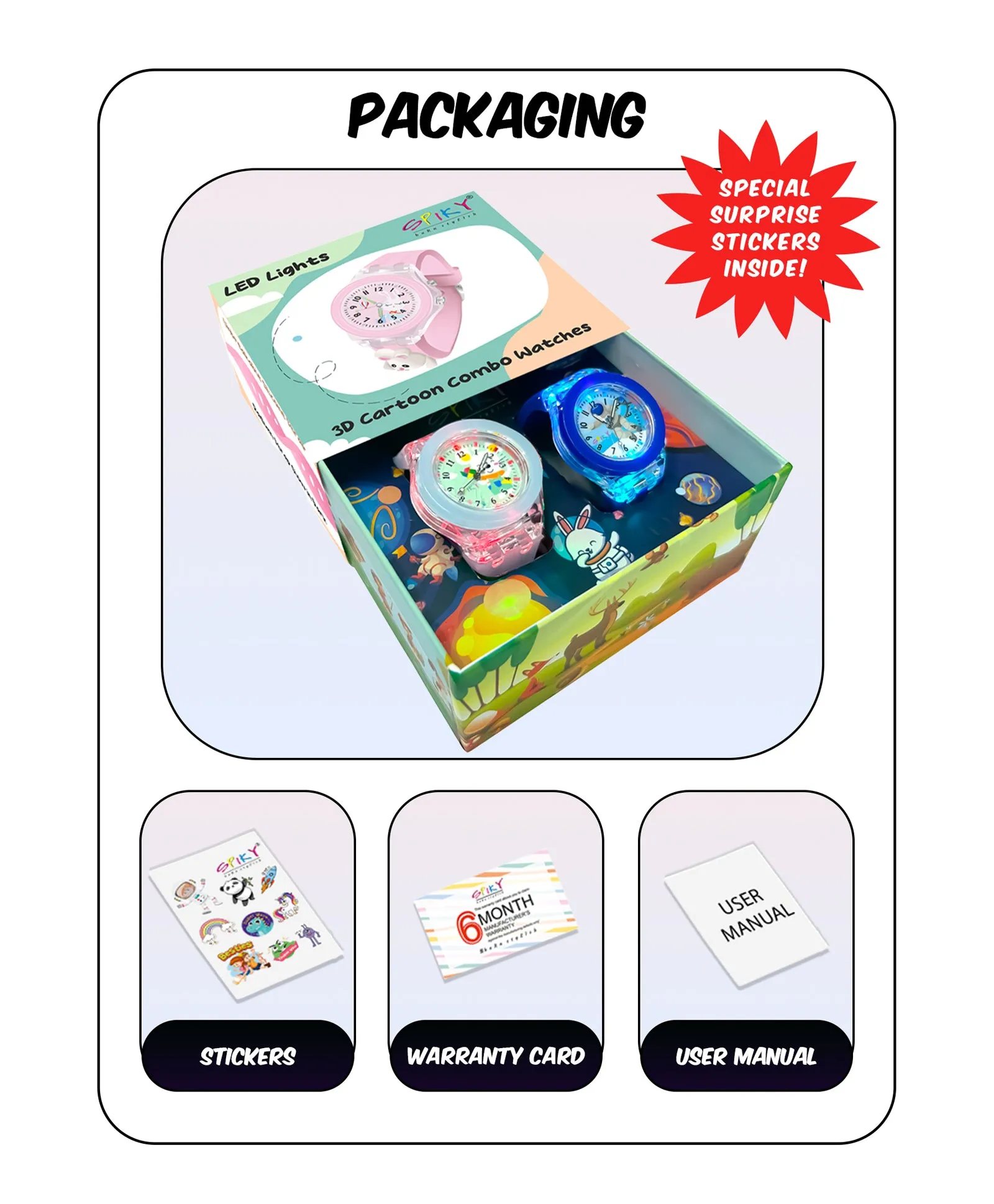 Spiky 3D Astronaut & Rabbit Cartoon Analog Light Watch Combo