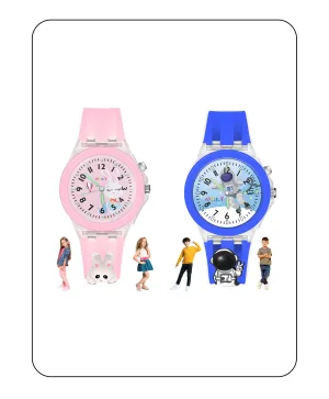 Spiky 3D Astronaut & Rabbit Cartoon Analog Light Watch Combo