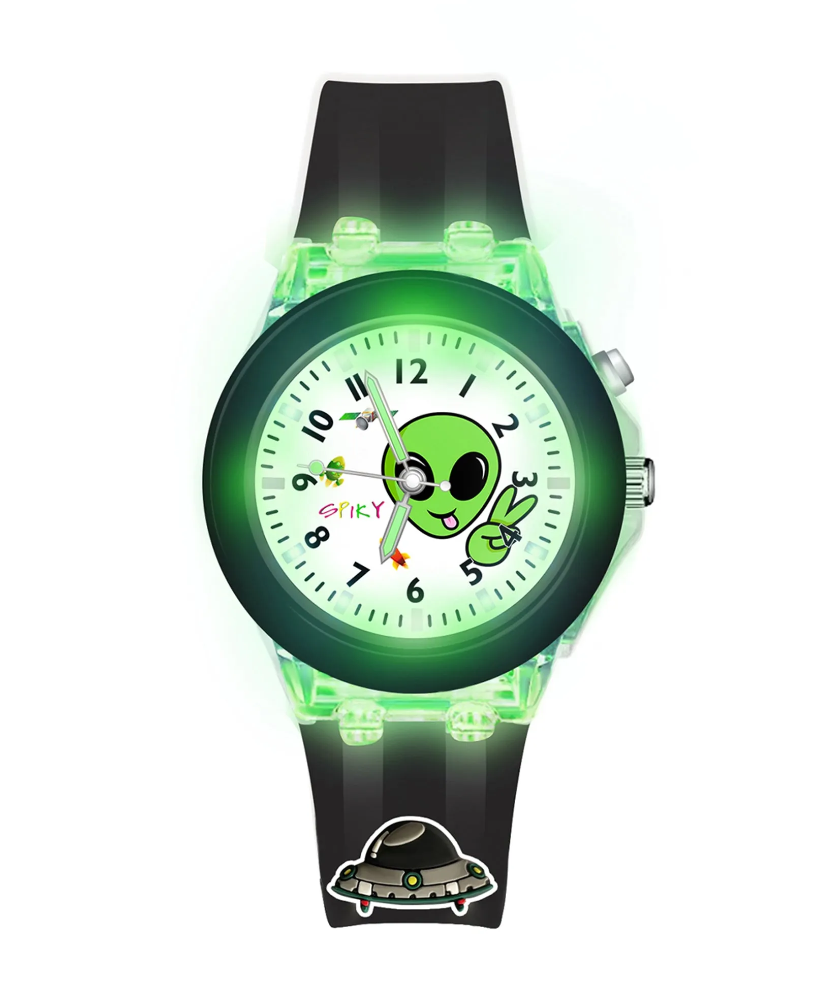Spiky 3D Cartoon Spaceship Analog Light Watch for Kids Boys & Girls - Black
