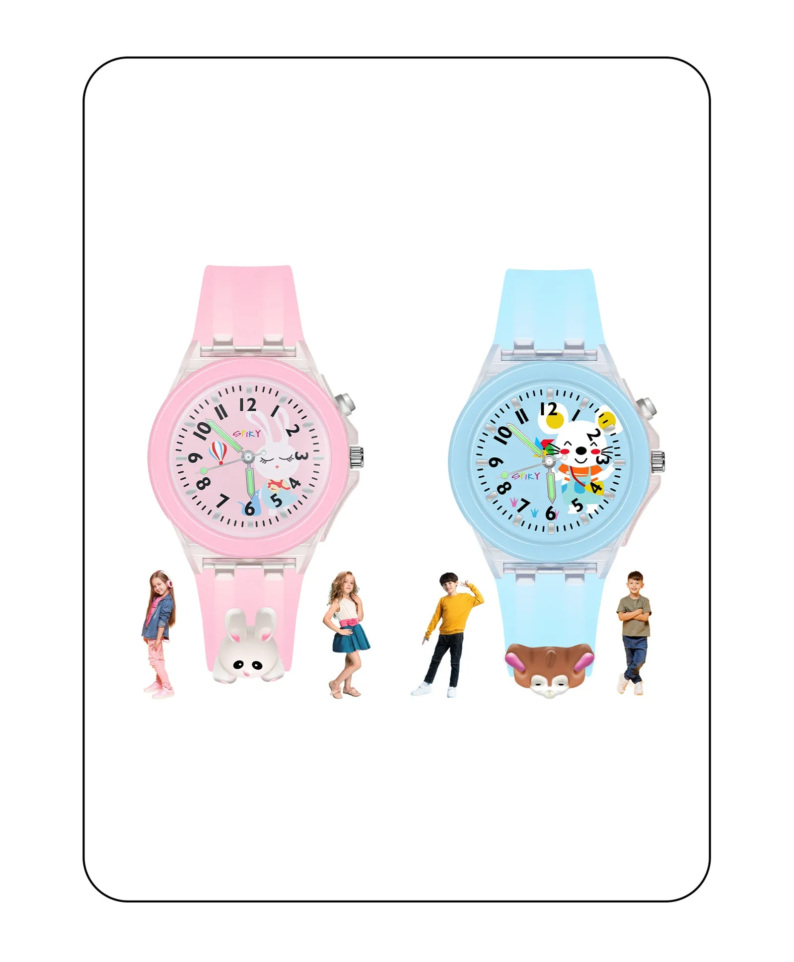 Spiky 3D Rabbit & Butterfly Cartoon Analog Light Watch Combo - Pink & Purple