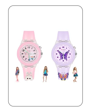 Spiky 3D Rabbit & Butterfly Cartoon Analog Light Watch Combo - Pink & Purple