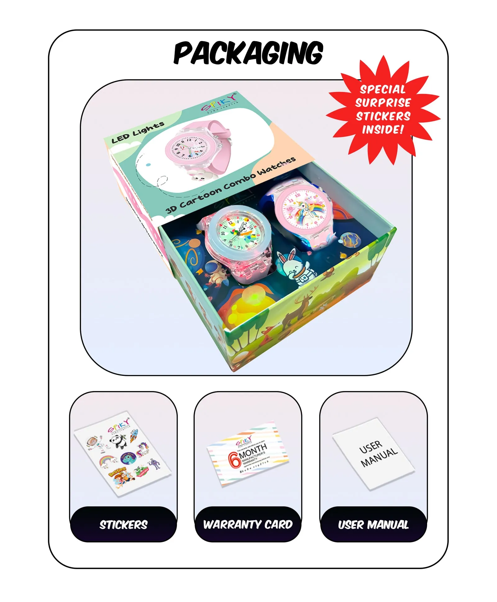 Spiky 3D Unicorn & Monkey Cartoon Analog Light Watch Combo - Pink & Blue