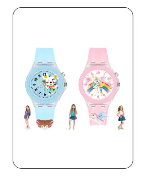 Spiky 3D Unicorn & Monkey Cartoon Analog Light Watch Combo - Pink & Blue