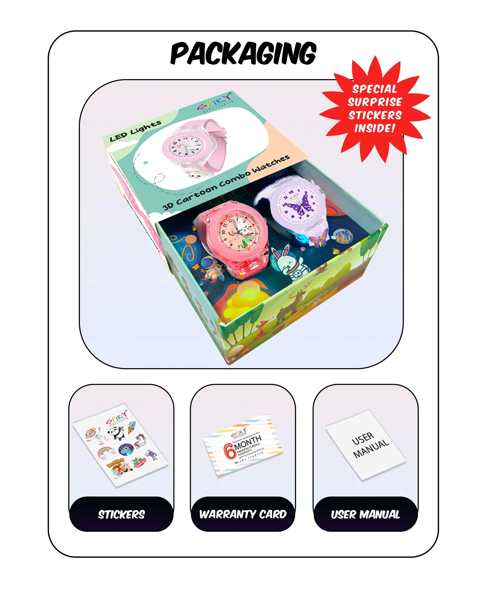 Spiky 3D Unicorn & Monkey Cartoon Analog Light Watch Combo - Pink & Blue