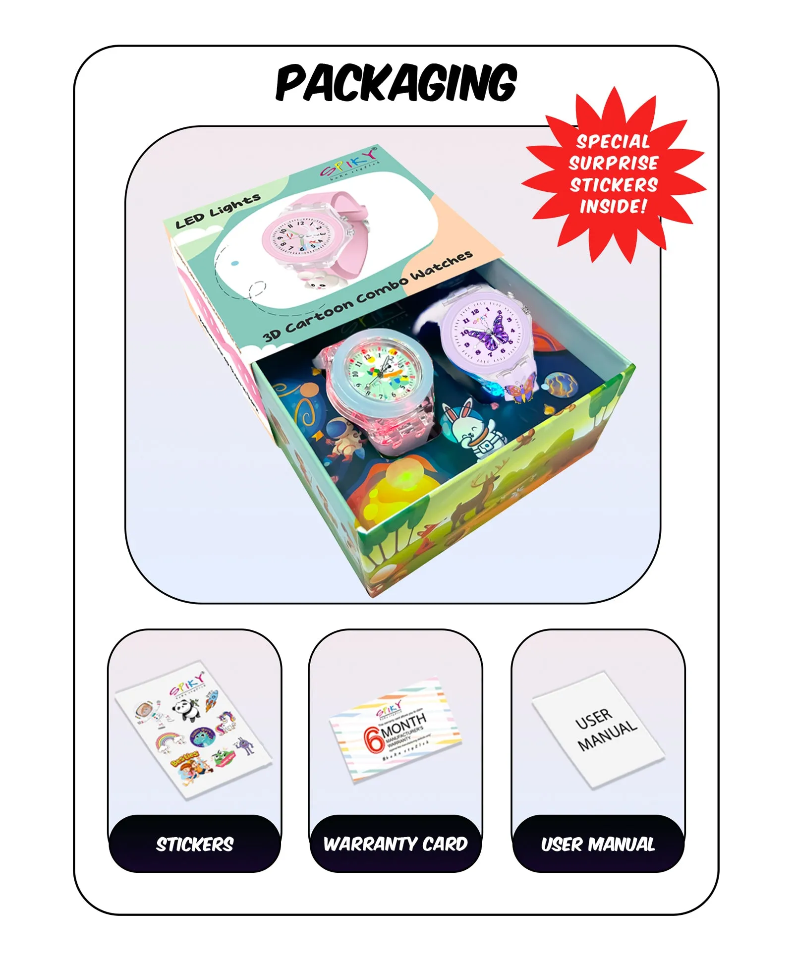 Spiky 3D Unicorn & Monkey Cartoon Analog Light Watch Combo - Pink & Blue