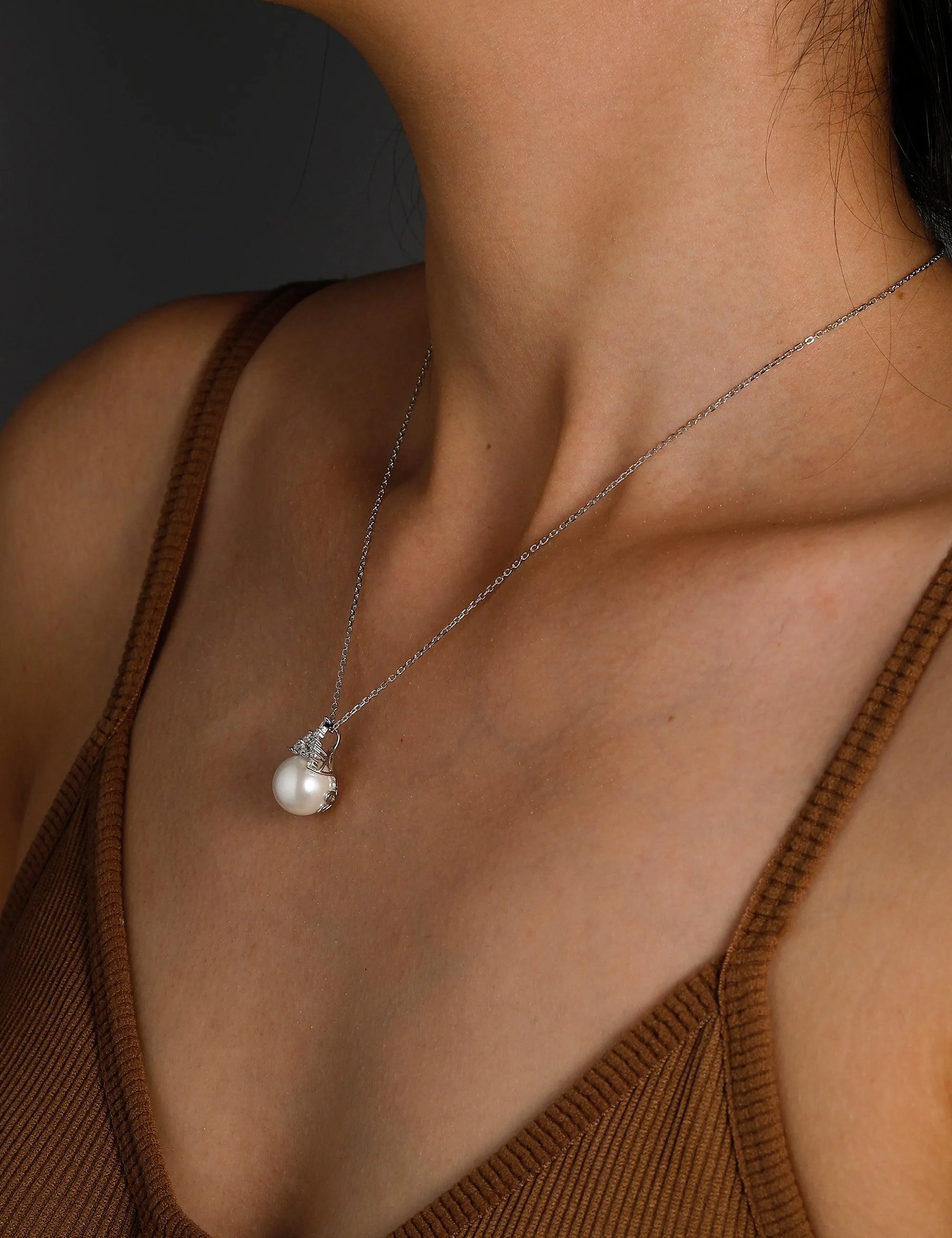 Sterling Silver Necklace, 12mm Round Natural Shell Pearl Necklace, Simulated Diamond Jewelry, Birthday Gifts