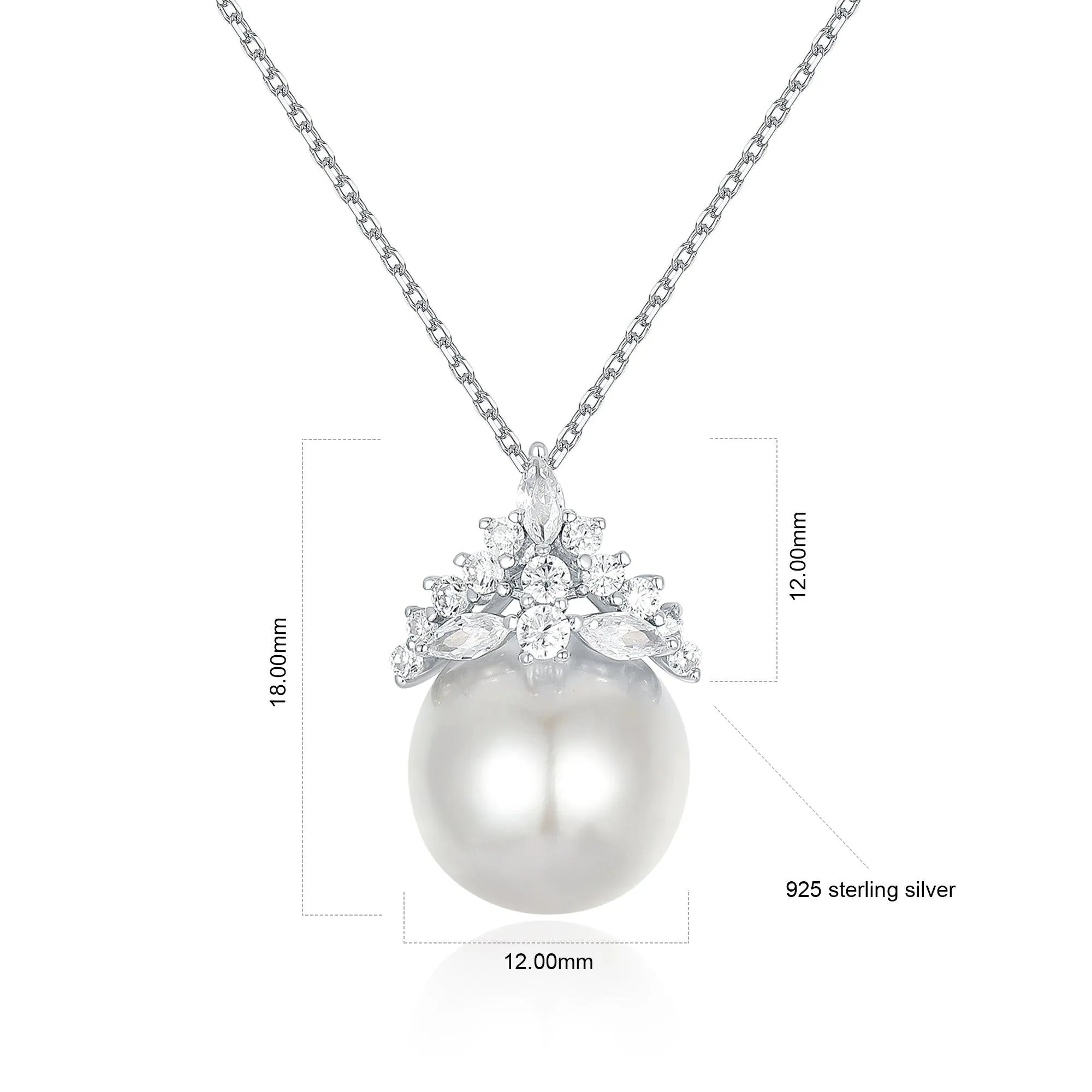 Sterling Silver Necklace, 12mm Round Natural Shell Pearl Necklace, Simulated Diamond Jewelry, Birthday Gifts