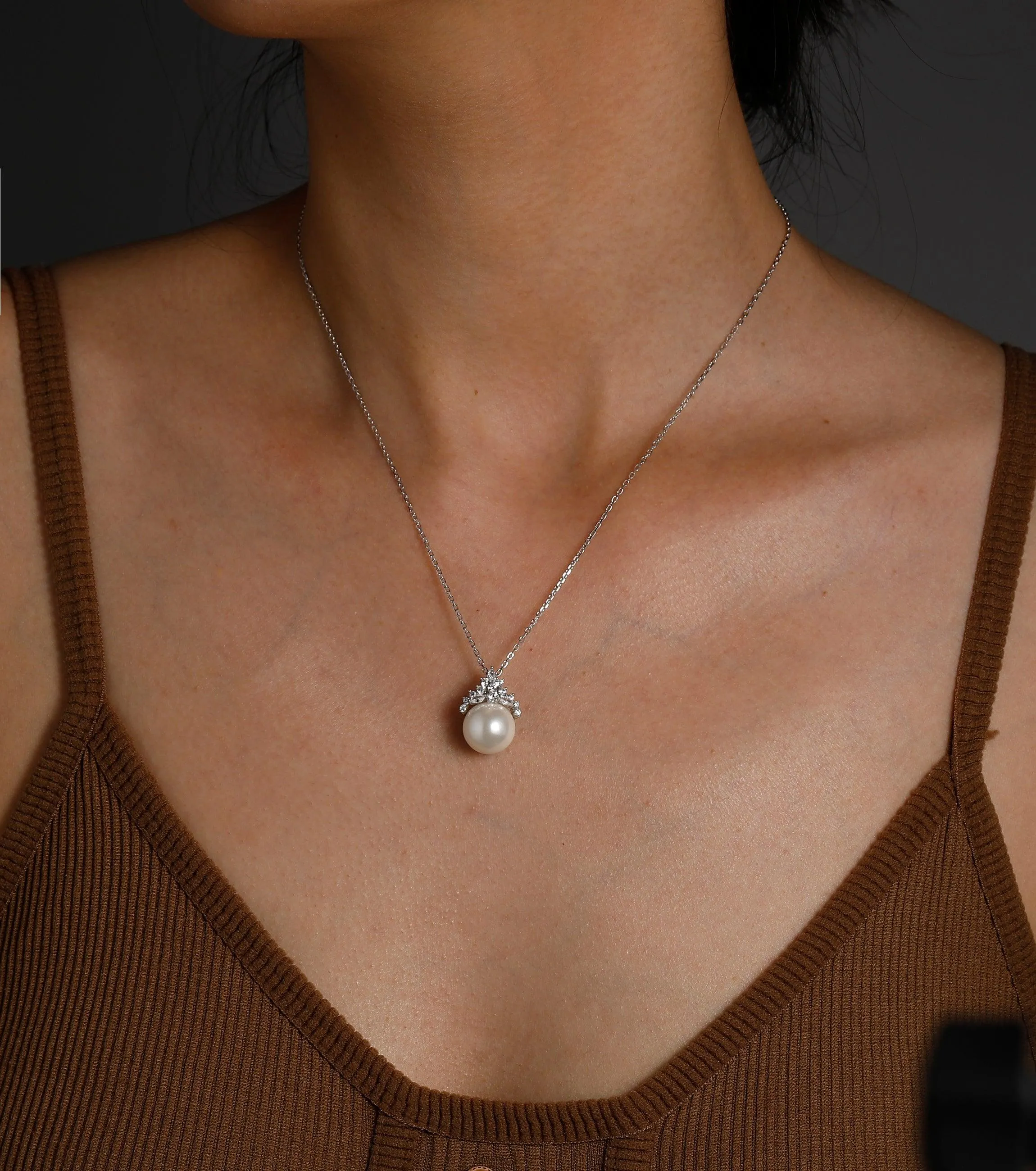 Sterling Silver Necklace, 12mm Round Natural Shell Pearl Necklace, Simulated Diamond Jewelry, Birthday Gifts