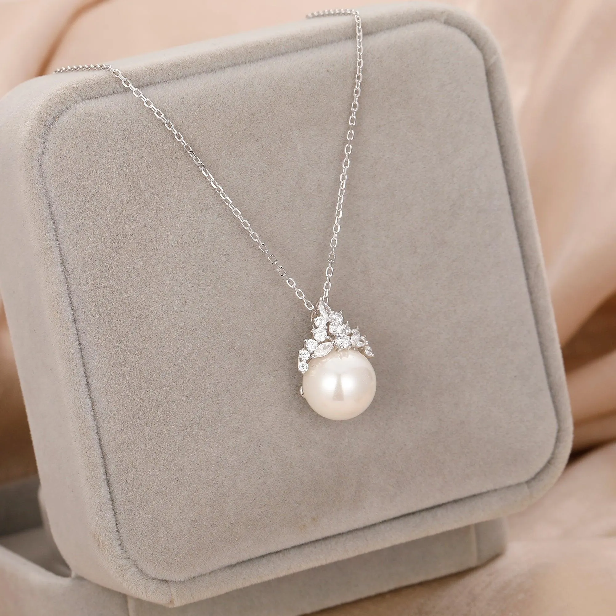 Sterling Silver Necklace, 12mm Round Natural Shell Pearl Necklace, Simulated Diamond Jewelry, Birthday Gifts
