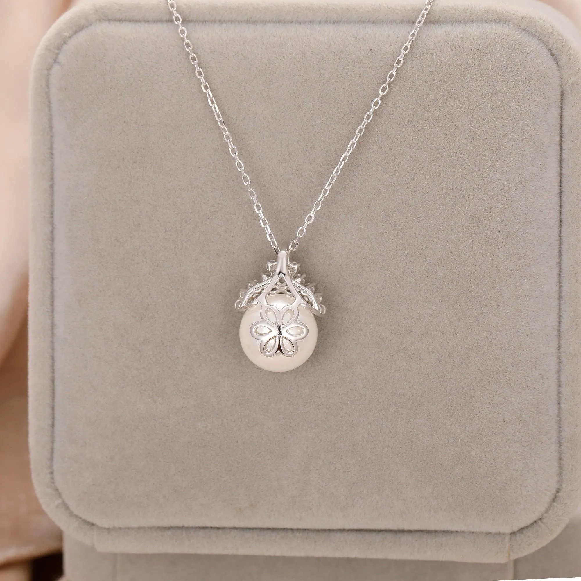 Sterling Silver Necklace, 12mm Round Natural Shell Pearl Necklace, Simulated Diamond Jewelry, Birthday Gifts