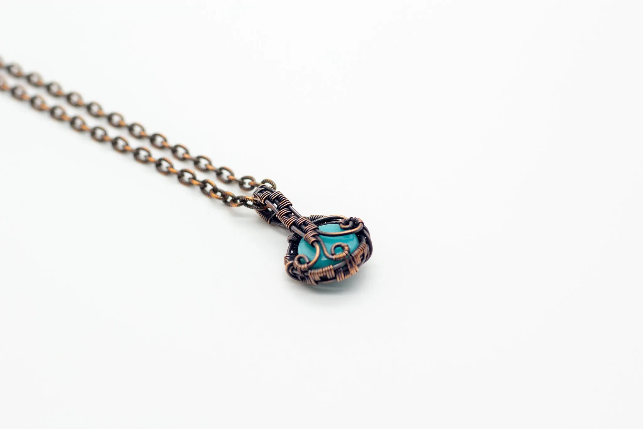 Streaked Blue Fused Glass Mini Pendant with Copper Wire Wrapping
