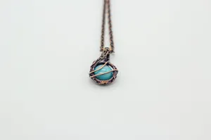 Streaked Blue Fused Glass Mini Pendant with Copper Wire Wrapping
