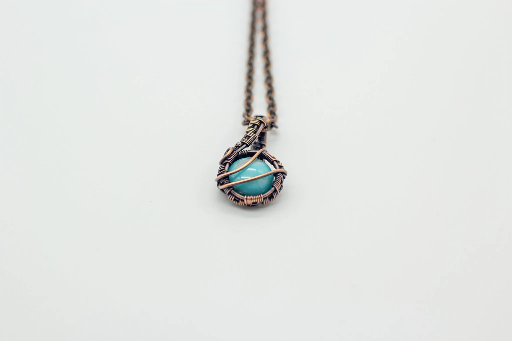 Streaked Blue Fused Glass Mini Pendant with Copper Wire Wrapping