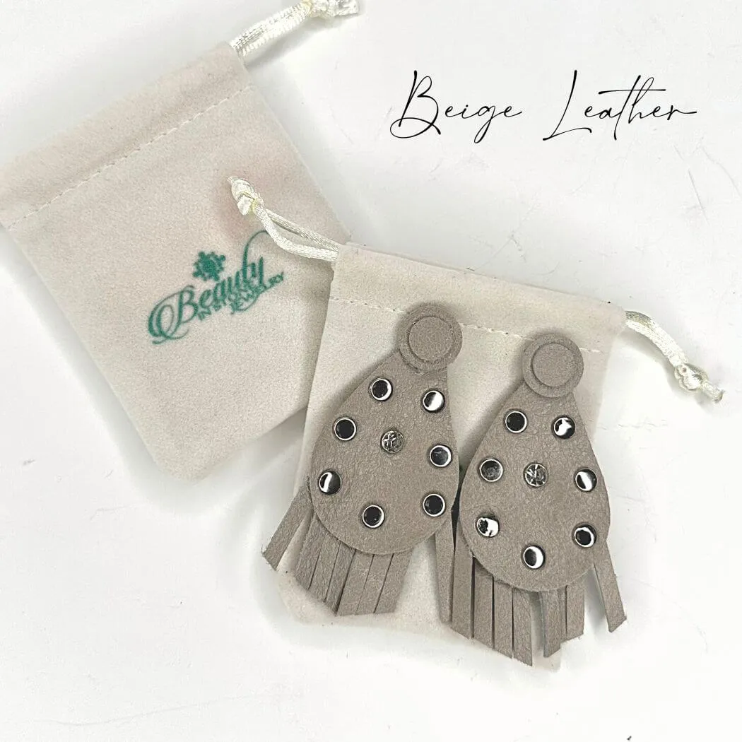Studded Leather Western Earrings With Fringe