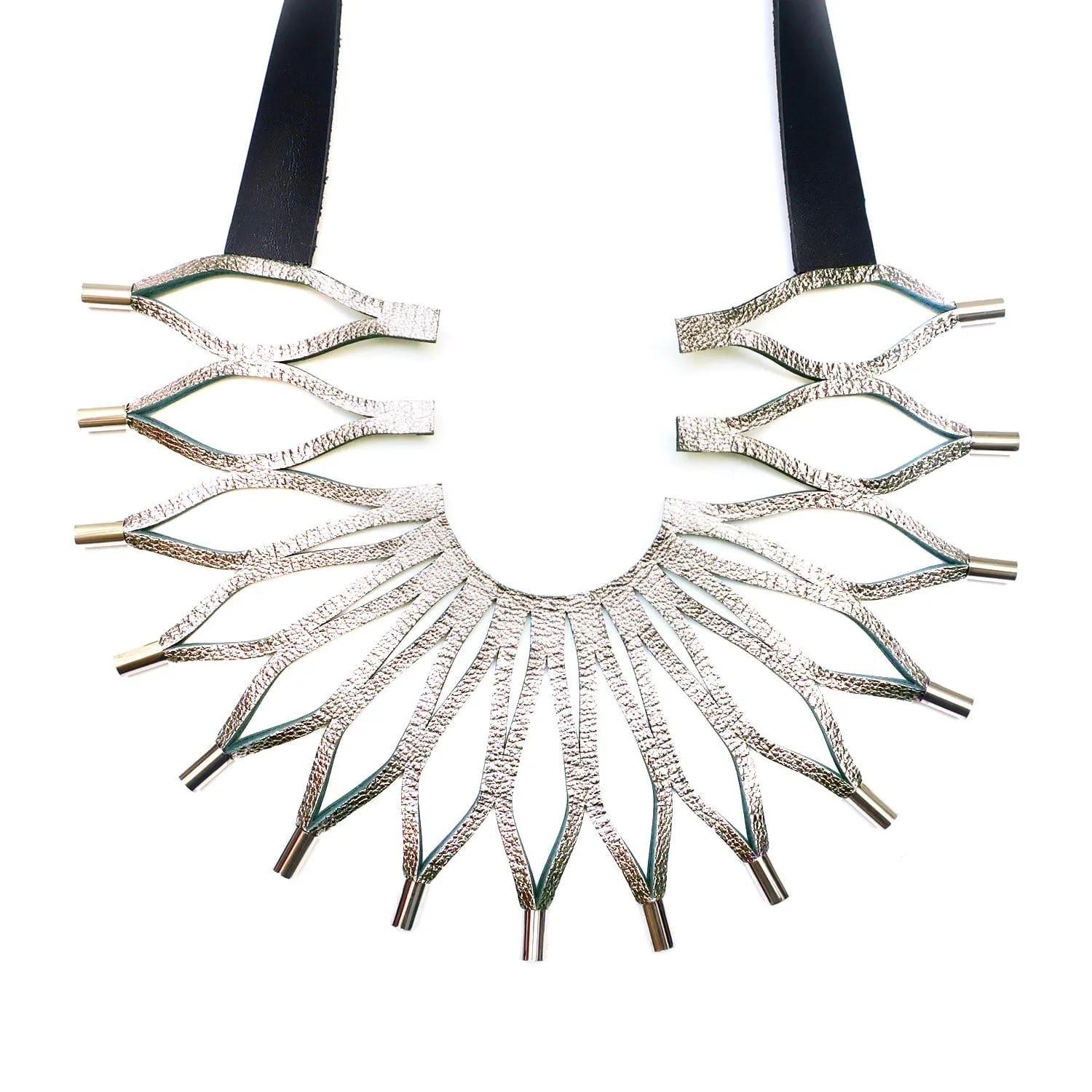 Sunflower silver leather bib necklace