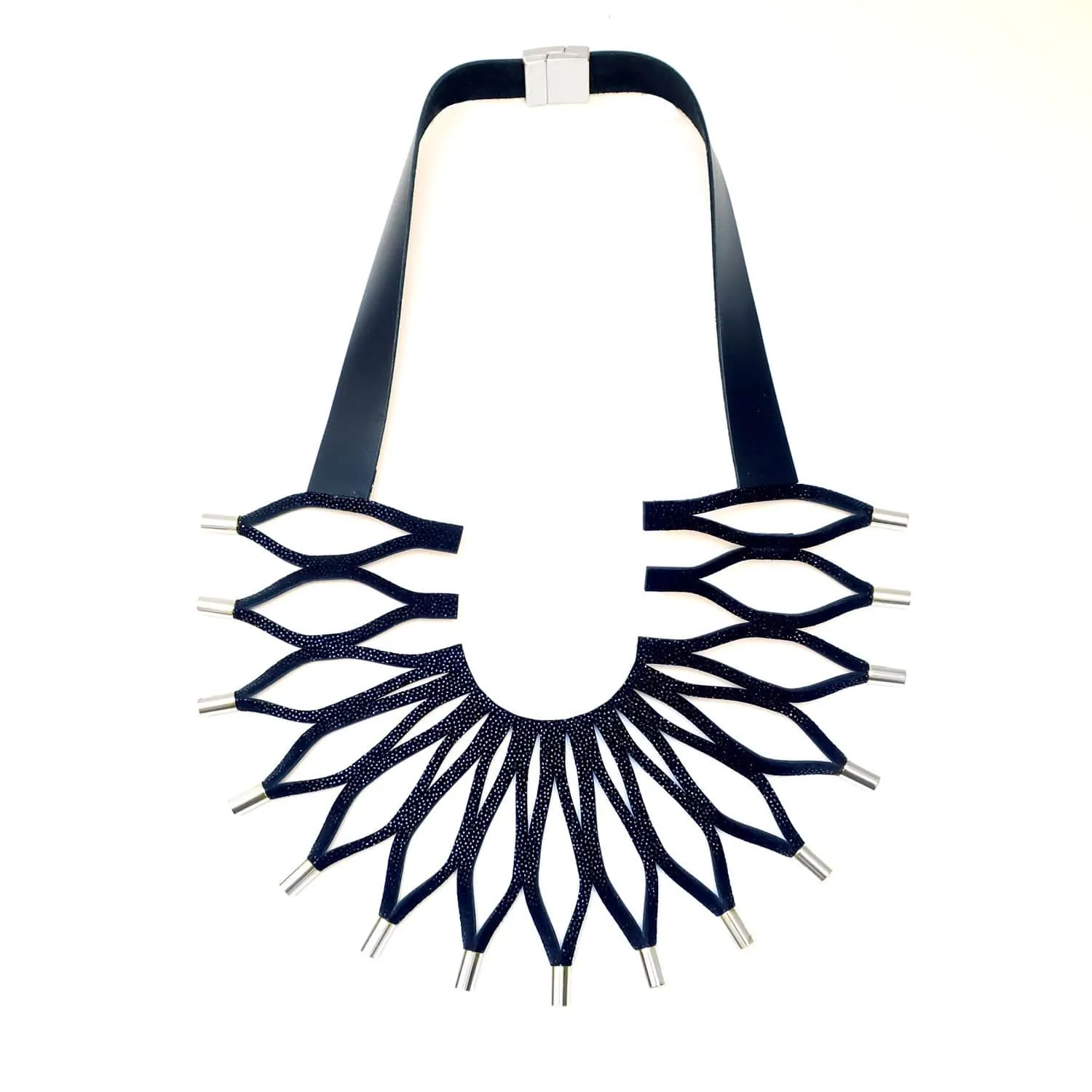 Sunflower silver leather bib necklace