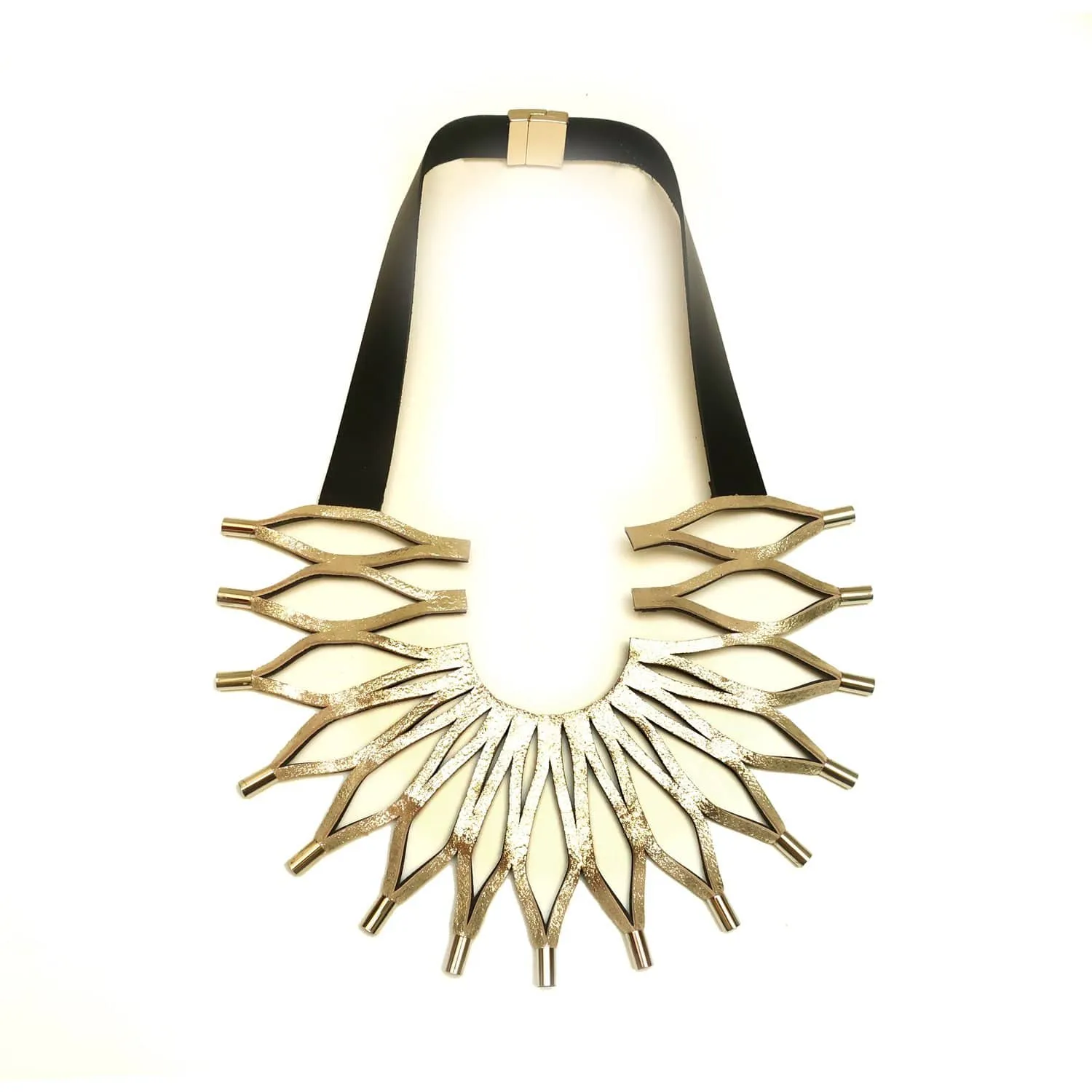Sunflower silver leather bib necklace