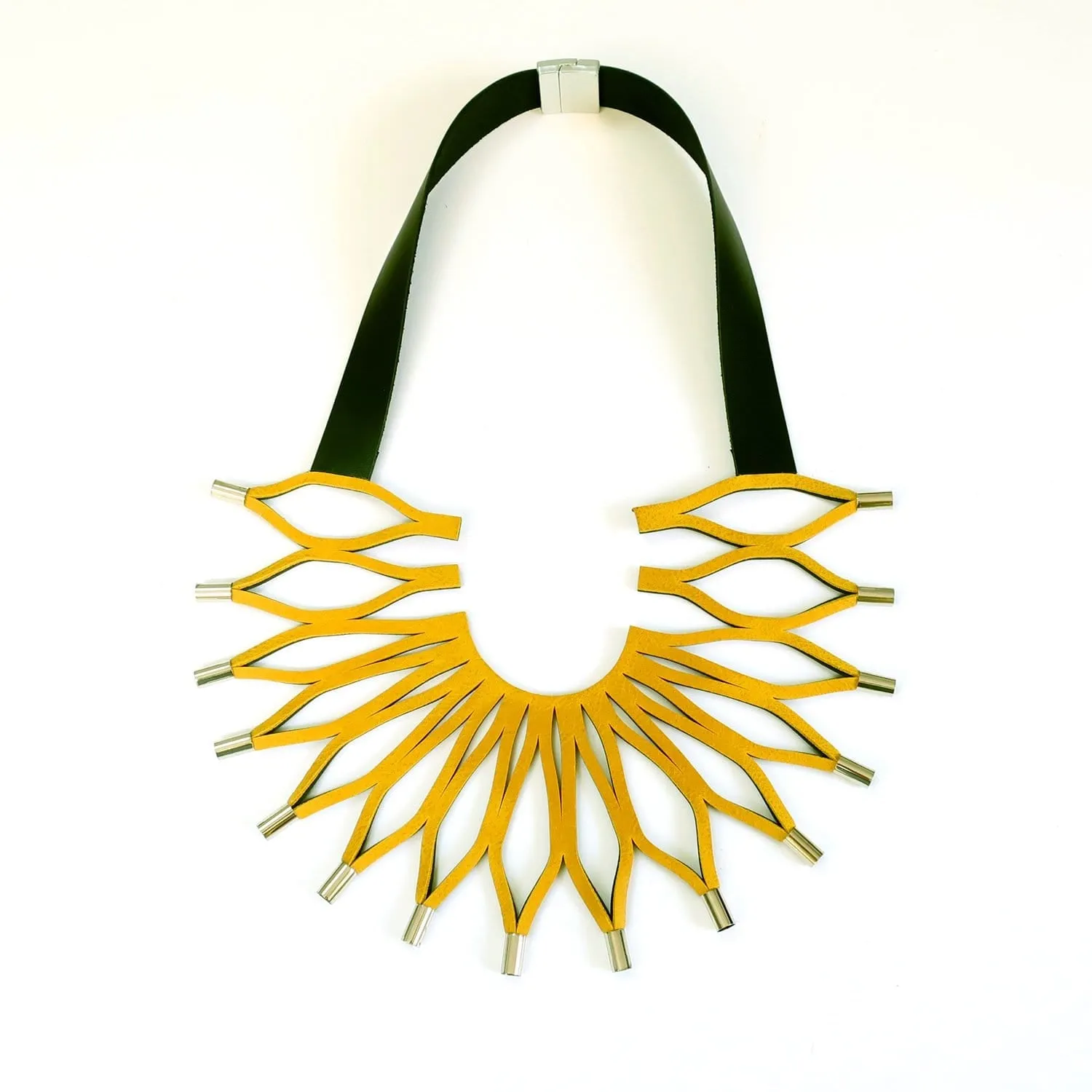 Sunflower silver leather bib necklace