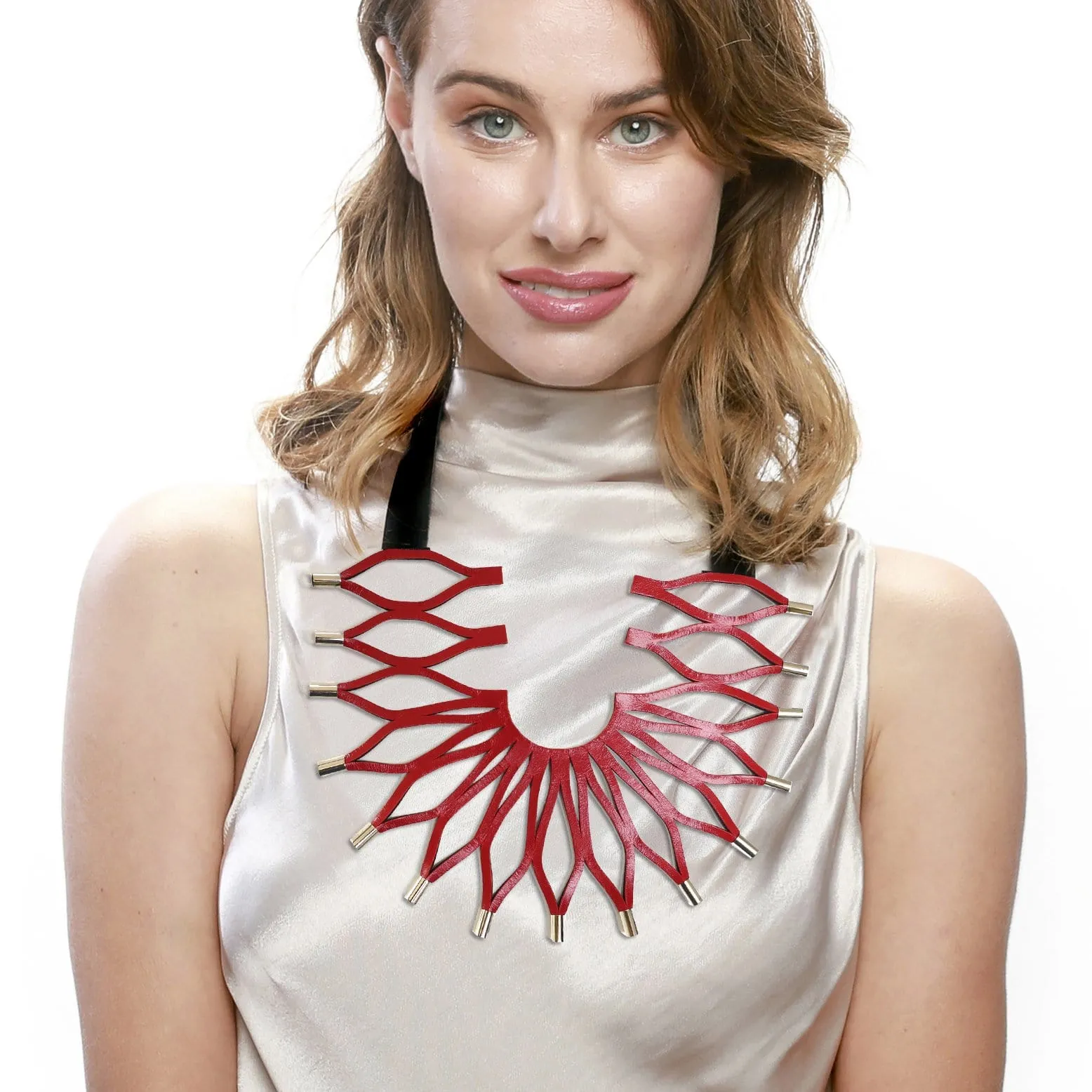 Sunflower silver leather bib necklace
