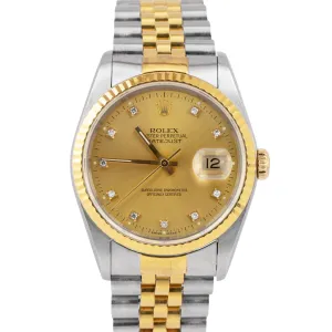 UNPOLISHED Rolex DateJust 36mm Champagne Diamond Dial 18K Gold Steel Watch 16233