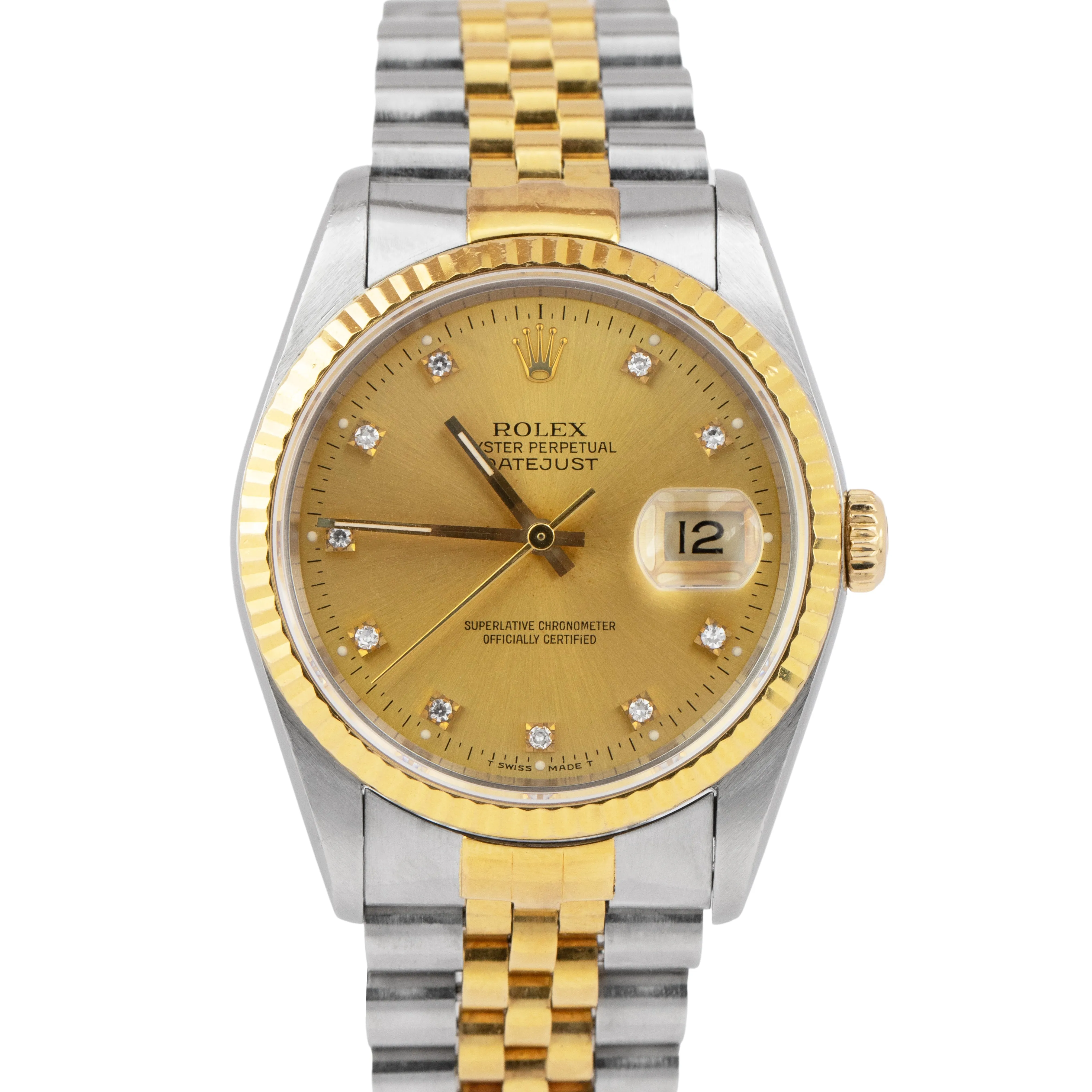 UNPOLISHED Rolex DateJust 36mm Champagne Diamond Dial 18K Gold Steel Watch 16233