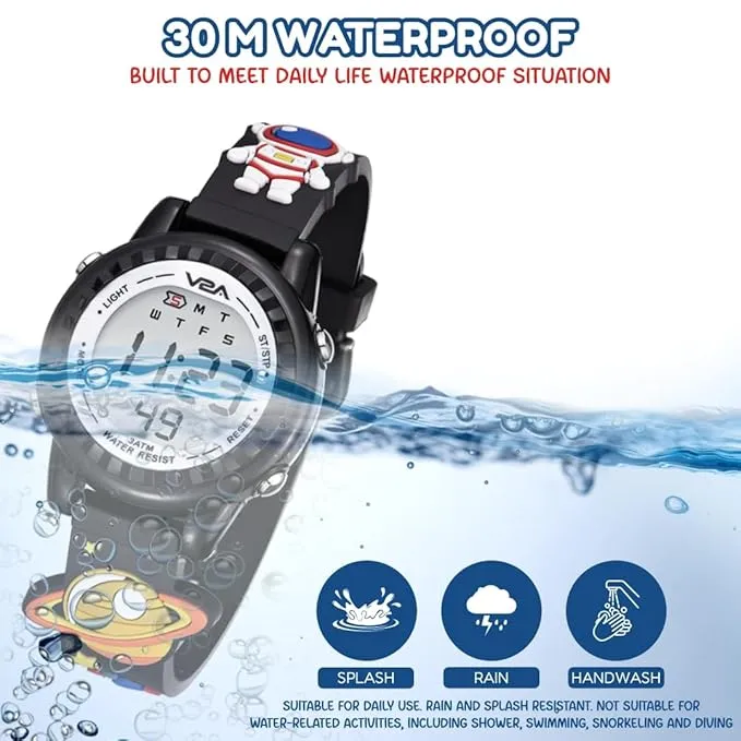 V2A Kids 3D Astronaut Print Digital Watch for Boys & Girls Aged 3 to 10 years – Multi-Function LED Wristwatch with Soft Silicone Strap, Alarm, Stopwatch & Backlight – Perfect Gift for Space-Loving Kids