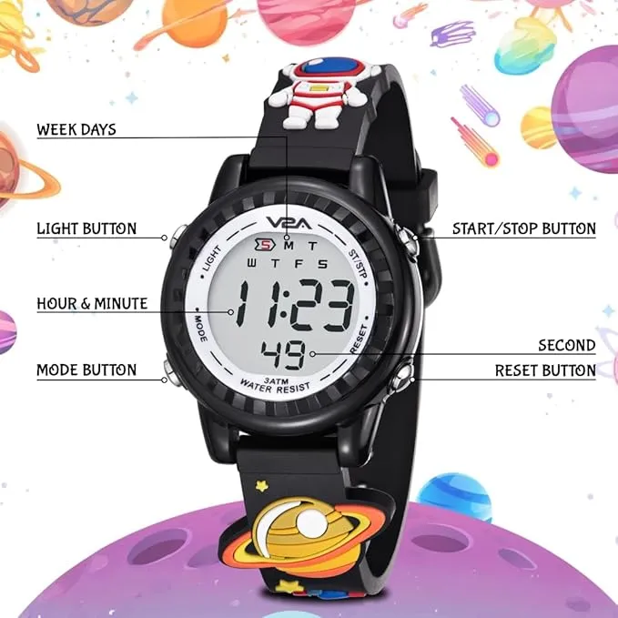 V2A Kids 3D Astronaut Print Digital Watch for Boys & Girls Aged 3 to 10 years – Multi-Function LED Wristwatch with Soft Silicone Strap, Alarm, Stopwatch & Backlight – Perfect Gift for Space-Loving Kids