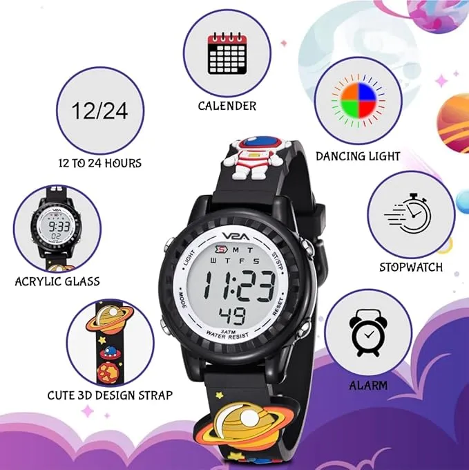 V2A Kids 3D Astronaut Print Digital Watch for Boys & Girls Aged 3 to 10 years – Multi-Function LED Wristwatch with Soft Silicone Strap, Alarm, Stopwatch & Backlight – Perfect Gift for Space-Loving Kids