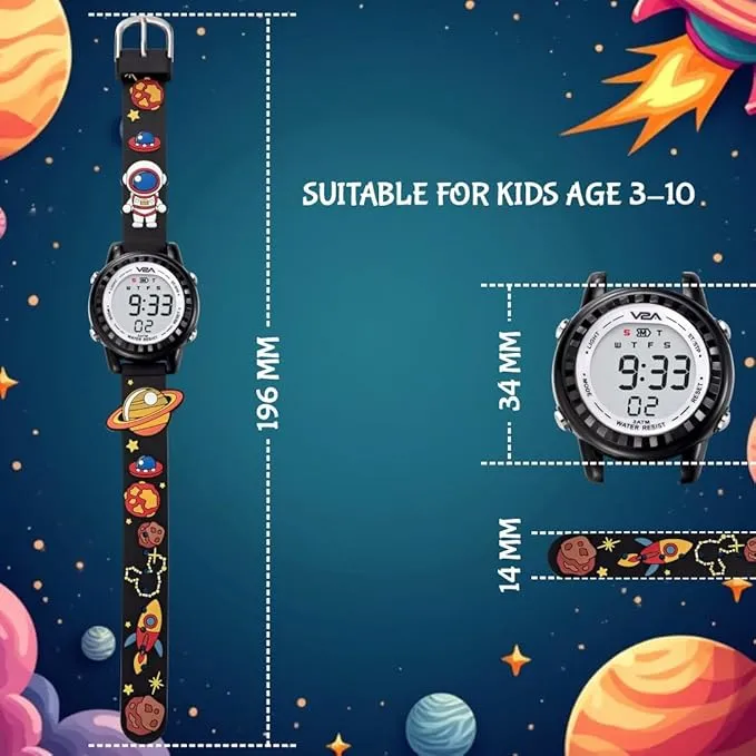 V2A Kids 3D Astronaut Print Digital Watch for Boys & Girls Aged 3 to 10 years – Multi-Function LED Wristwatch with Soft Silicone Strap, Alarm, Stopwatch & Backlight – Perfect Gift for Space-Loving Kids