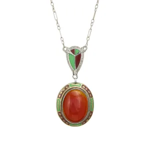 Vintage Art Deco Necklace Carnelian Green Enamel 14k White Gold 15.5 Inch