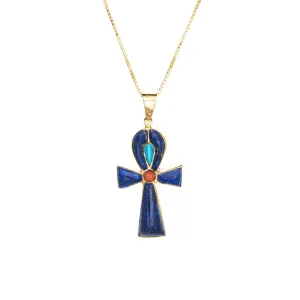 Vintage Egyptian Ankh Pendant Lapis Lazuli Turquoise Coral 14k Gold Necklace