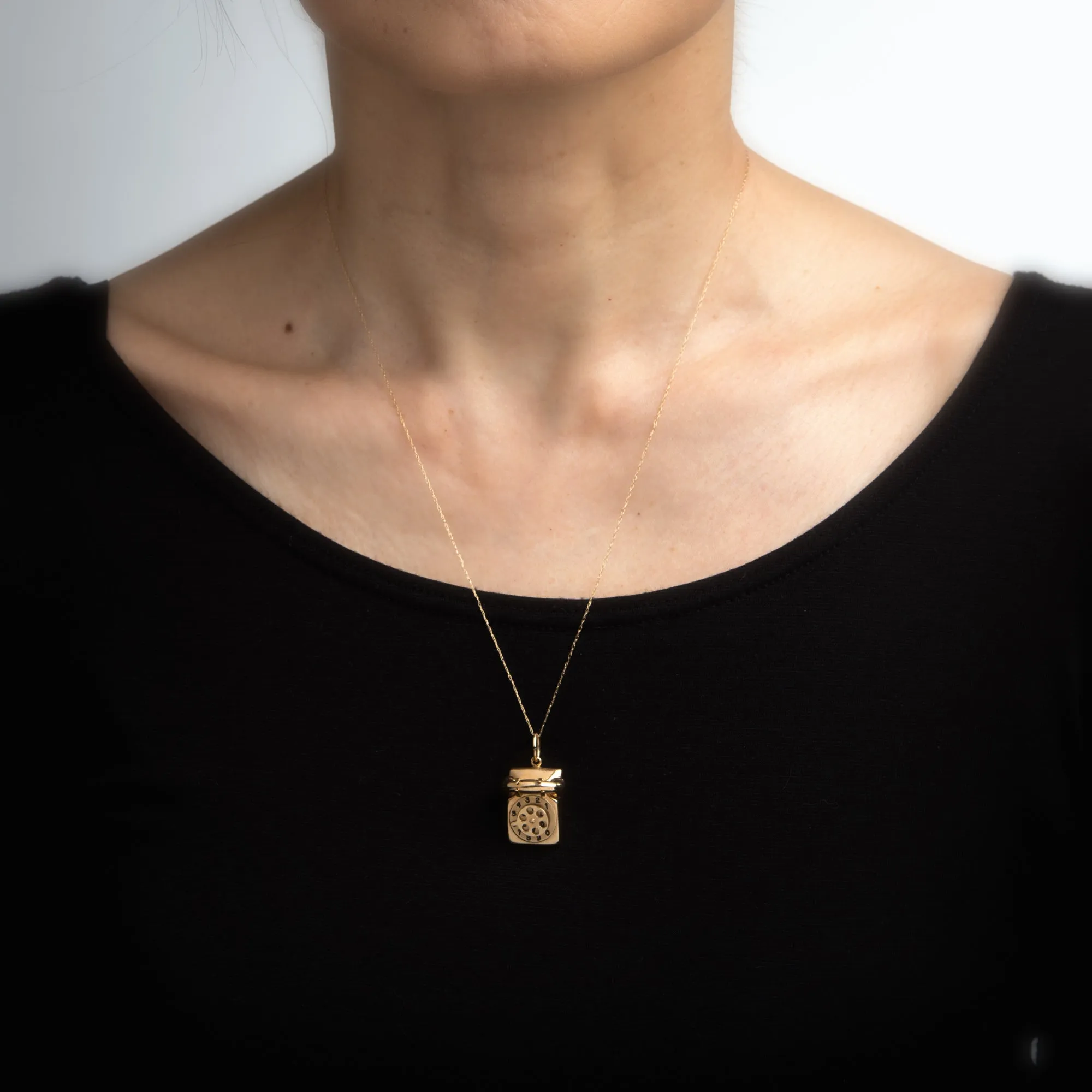 Vintage Telephone Necklace 14k Yellow Gold Charm Old School Phone Jewelry