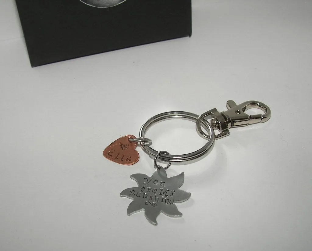 You are my sunshine,  custom hand stamped keychain with name charm, personalized keyring, mother daughter gifthandstamped jewelry