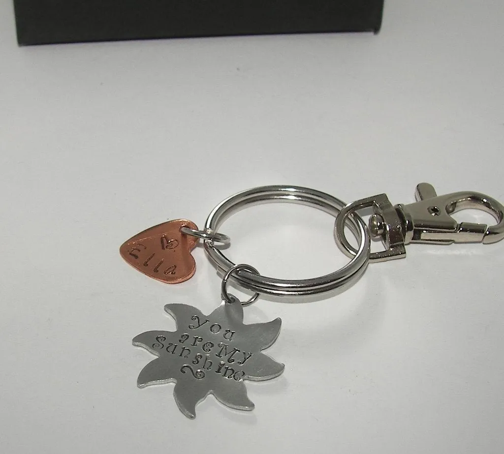 You are my sunshine,  custom hand stamped keychain with name charm, personalized keyring, mother daughter gifthandstamped jewelry