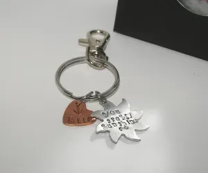 You are my sunshine,  custom hand stamped keychain with name charm, personalized keyring, mother daughter gifthandstamped jewelry